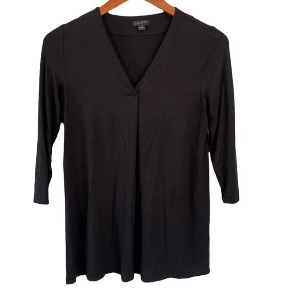 J.Jill Wearever Black Pleat Front V-Neck Tunic Top 3/4 Sleeve Relax Fit Comfy
